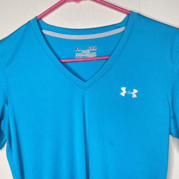 Under Armour Semi Fitted Heat Gear Teal V Neck T Shirt Women's Size Medium - Picture 4 of 6